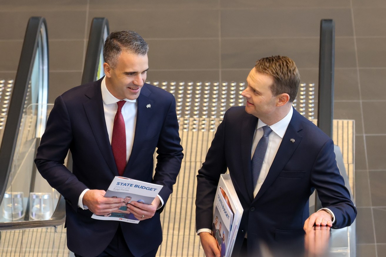 Premier Peter Malinauskas and Treasurer Stephen Mullighan ahead of delivering the State Budget. Photo: Tony Lewis/InDaily