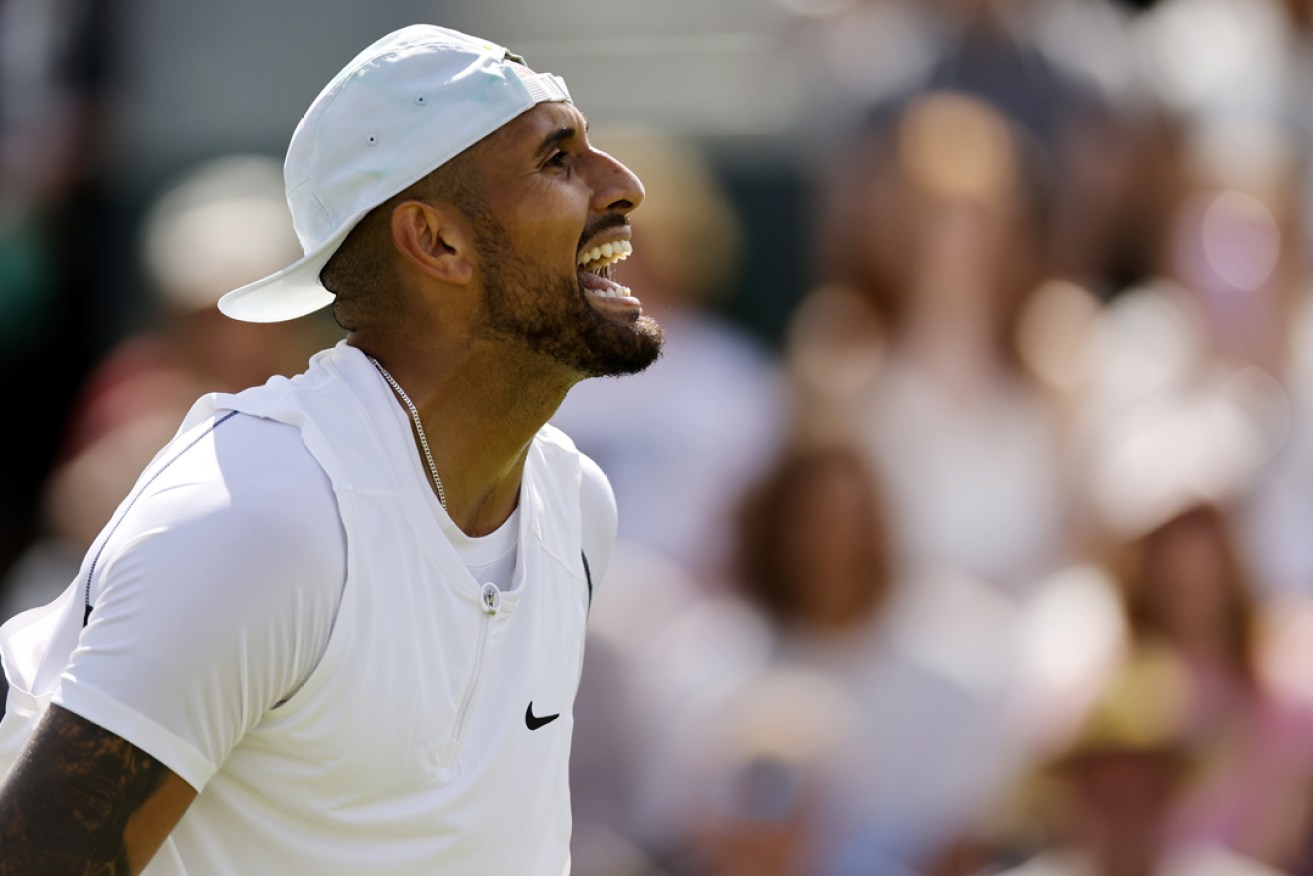 Nick Kyrgios reacts in the men's first round match against Paul Jubb of Great Britain at Wimbledon. Photo Tolga Akmen/EPA