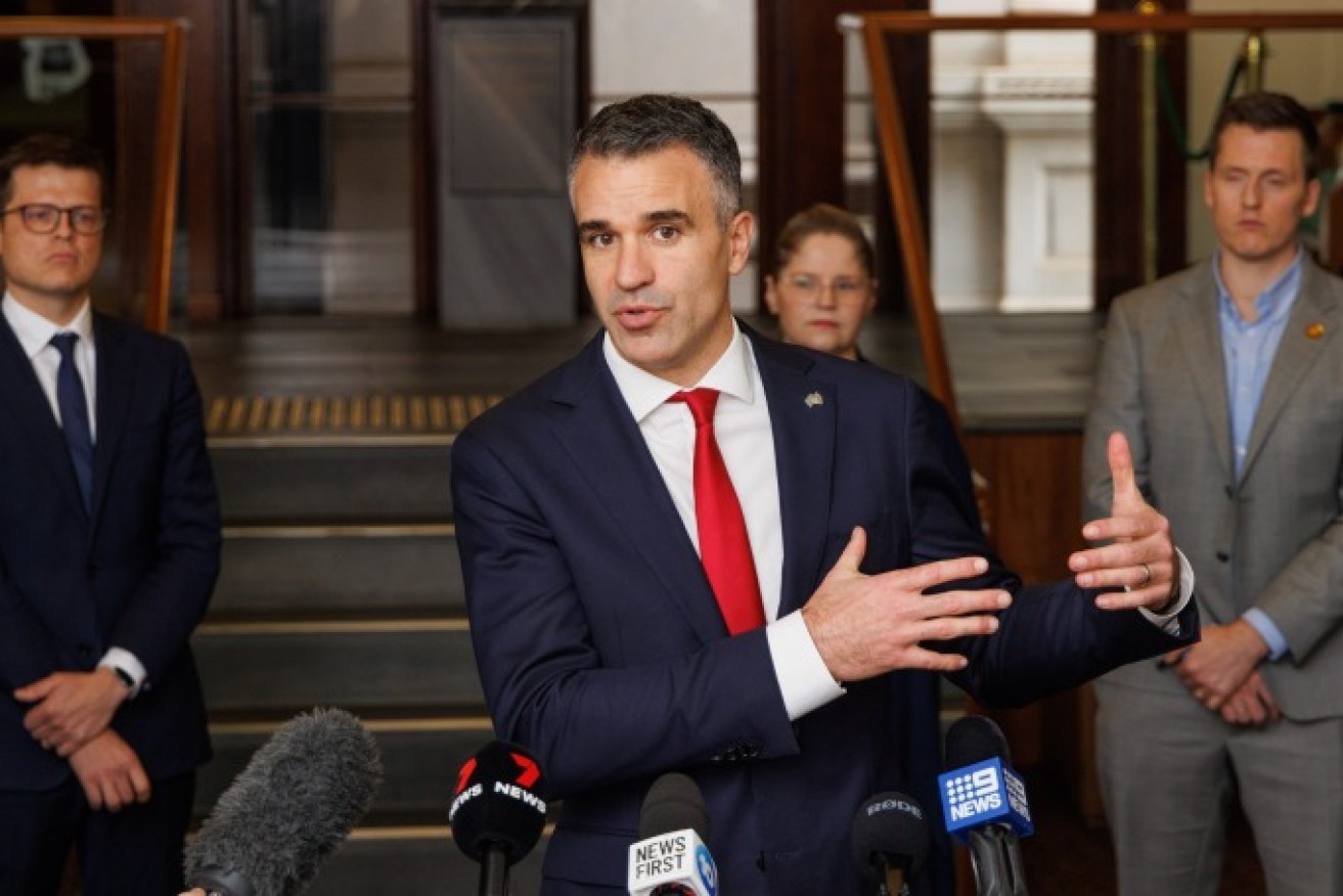 Premier Peter Malinauskas with union leaders on Tueday explaining an agreement to compromise on planned workers compensation law changes. Photo: Tony Lewis/InDaily