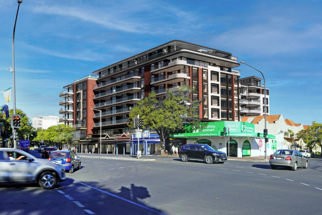 A render of the eight-storey apartment block proposed for The Parade at Norwood. Image: Cheesman Architects/Australasian Property Developments