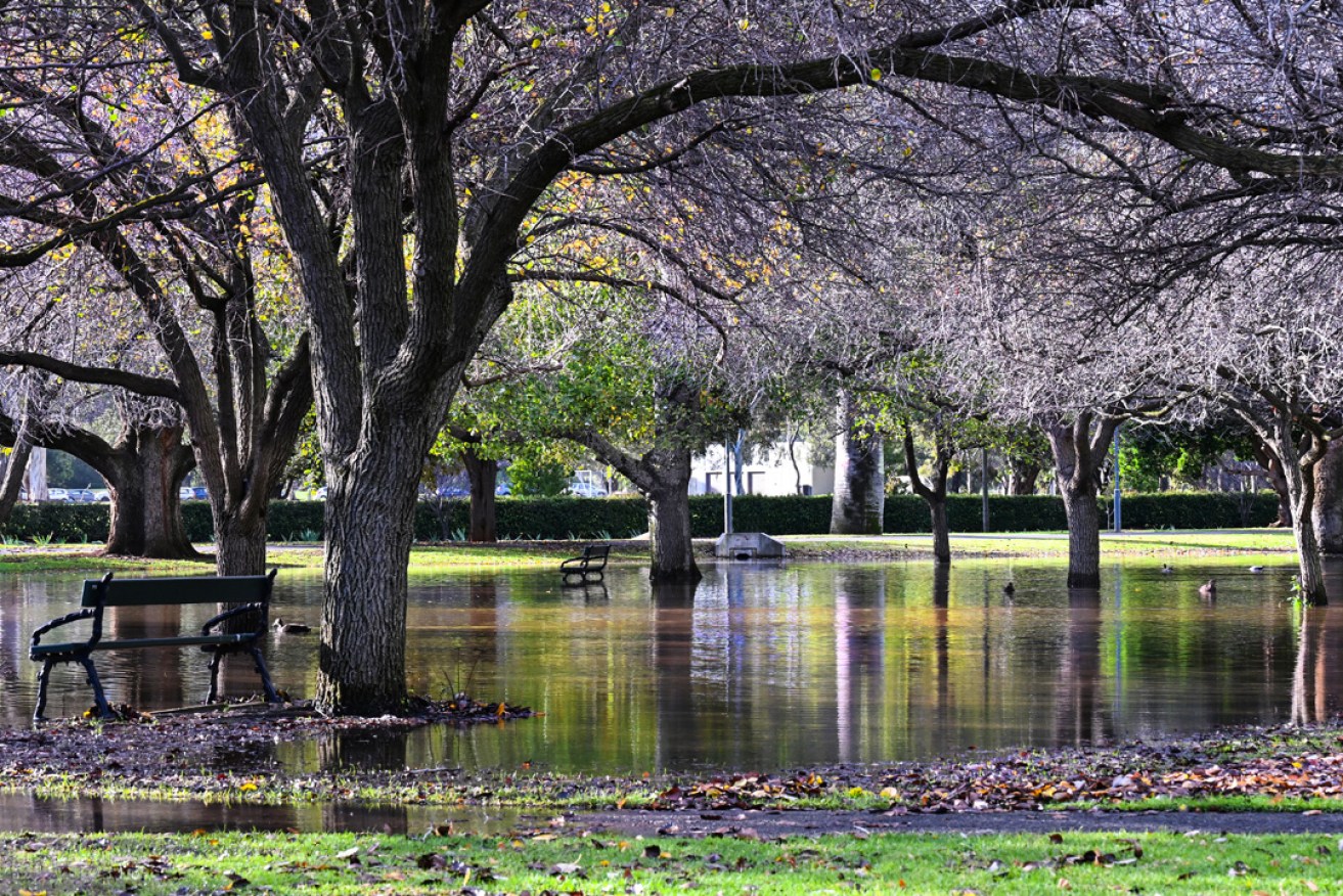 Flooding in the South Parklands this morning following the weekend downpour. Picture: Michael Errey.