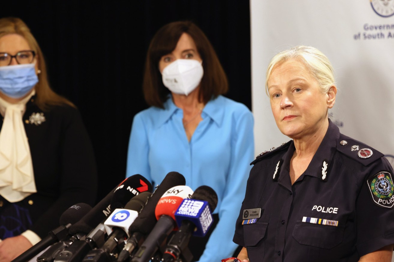 Child Protection Minister Katrine Hildyard, Acting Premier Susan Close and Deputy Commissioner Linda Williams. Photo: Tony Lewis/InDaily