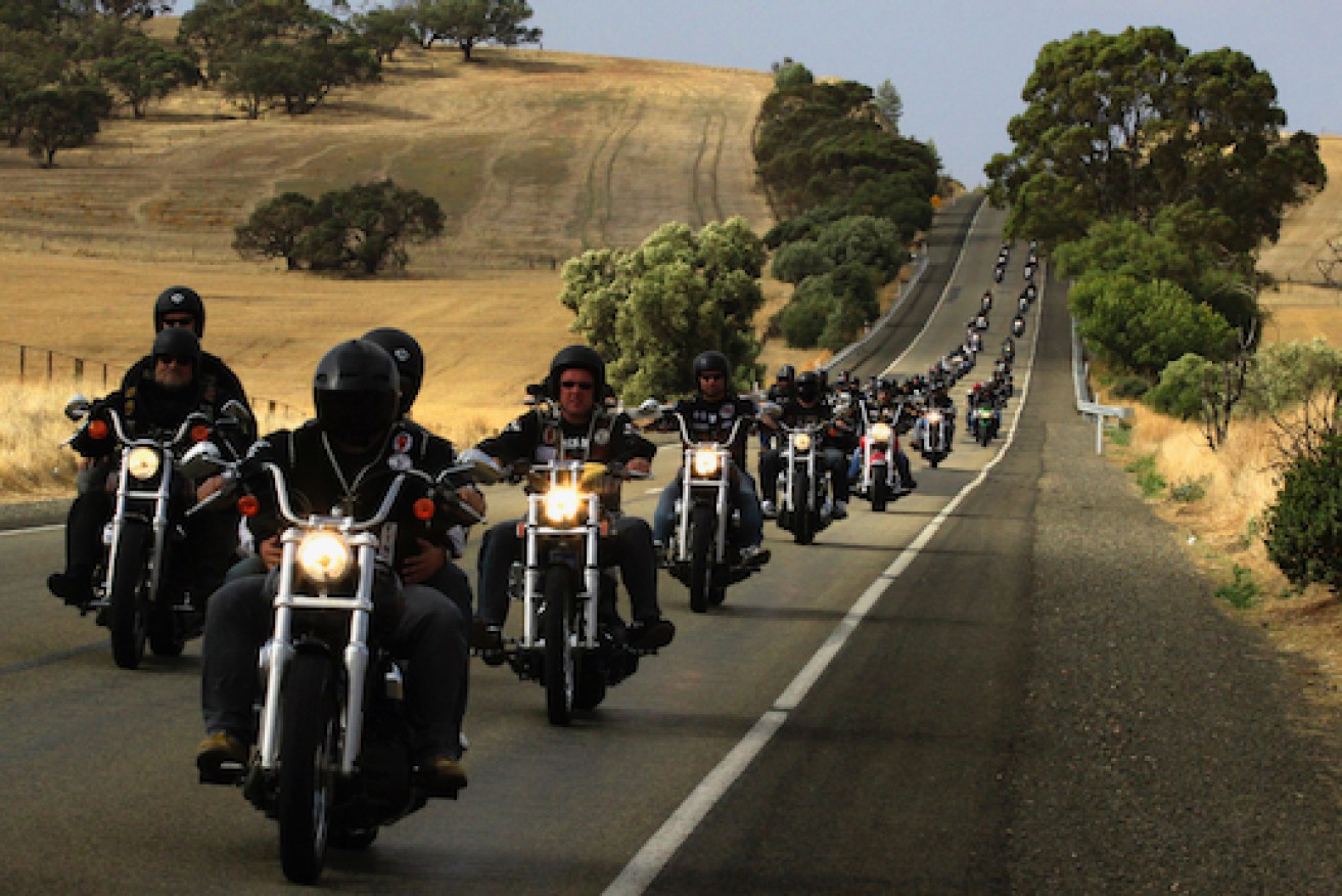 A file image of motorcycle riders - including members of the Descendants - protesting against state government bikie laws. Photo: AAP/Rob Hutchison