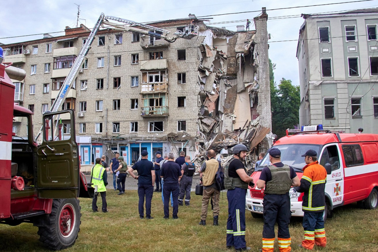 Russia has ramped up rocket strikes on the city of Kharkiv, killing residents in this apartment building. Photo Sergey Kozlov/EPA
