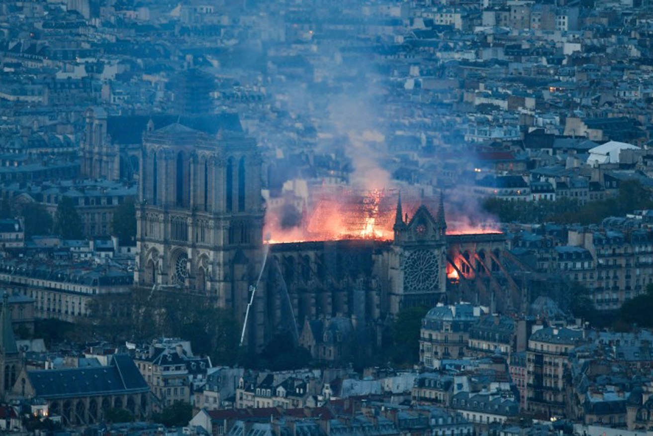 Iconic Paris landmark the Notre-Dame Cathedral ablaze in 2019. Photo: Stephane Rochon Vollet