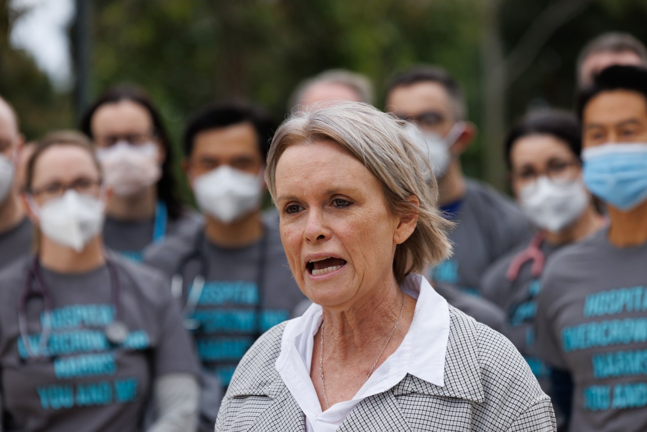 SA Salaried Medical Officers Association chief industrial officer Bernadette Mulholland flanked by frustrated RAH ED doctors. Photo: Tony Lewis/InDaily