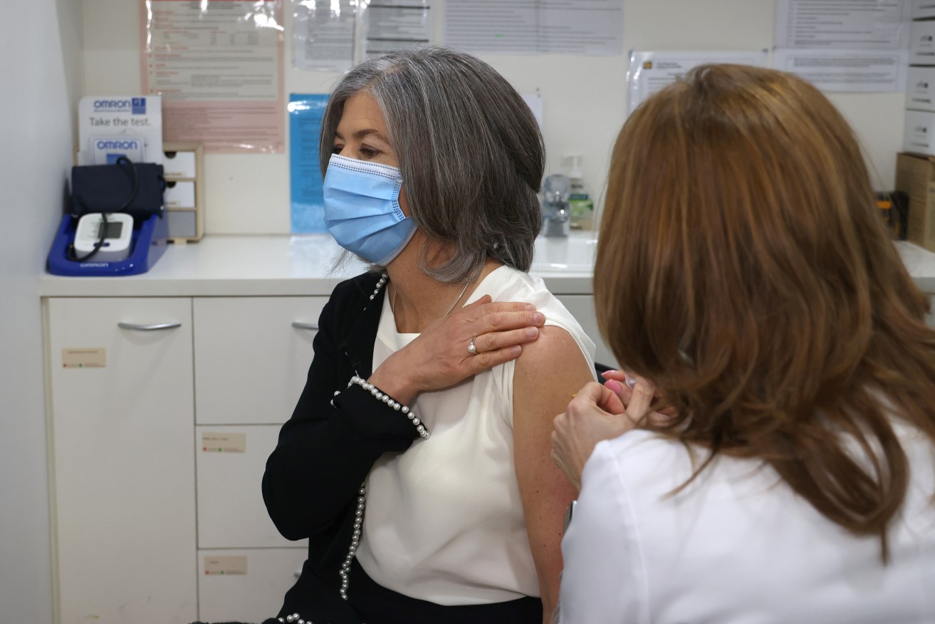 Chief public health officer Professor Nicola Spurrier receives her fourth COVID-19 vaccination at a Mitcham pharmacy this morning. Photo: Tony Lewis/InDaily