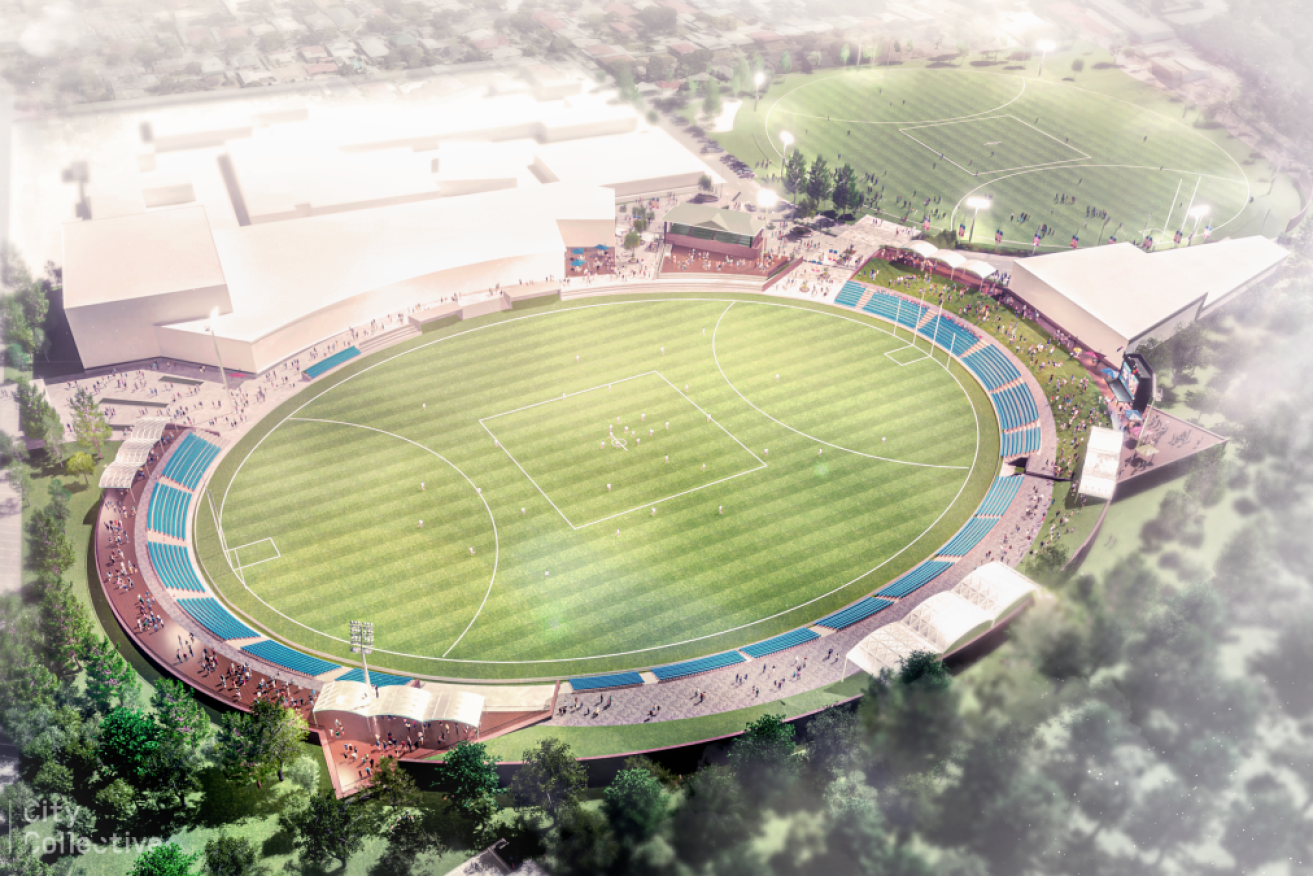 An artist’s rendition of the Crows’ proposed Thebarton Oval/Kings Reserve plans. Image: Adelaide Football Club
