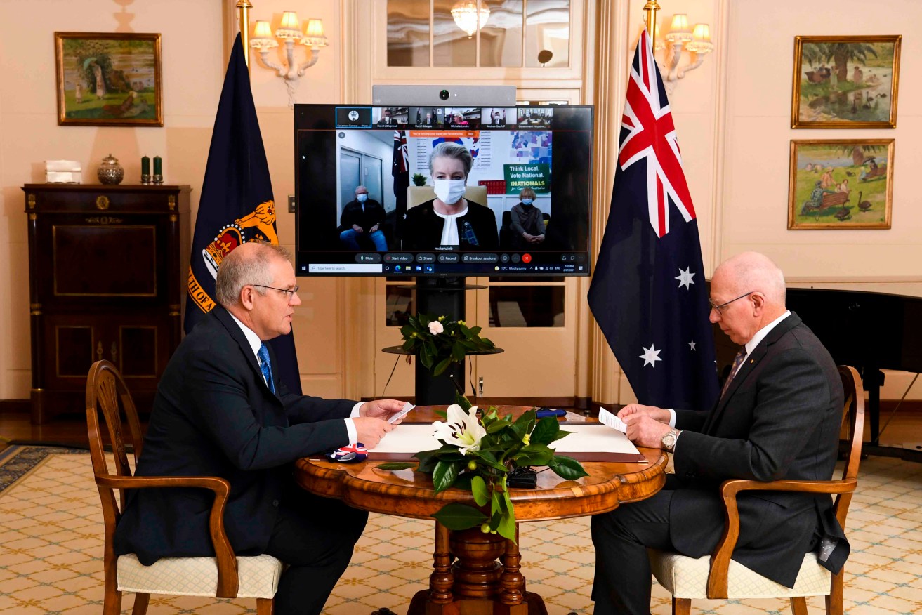 Then Prime Minister Scott Morrison (left) with Governor-General David Hurley during a swearing-in ceremony in July 2021. Photo: AAP/Lukas Coch