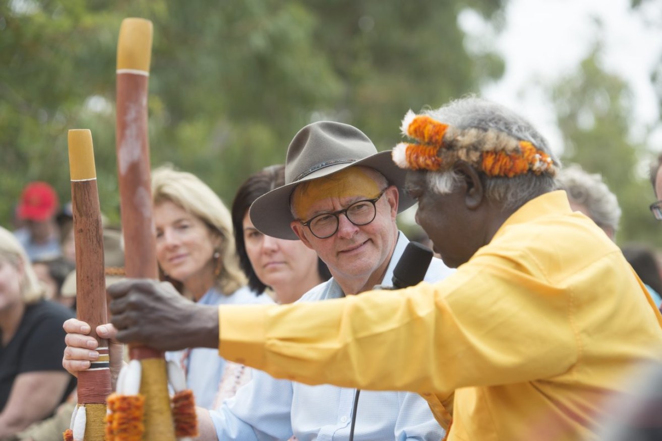 Prime Minister Anthony Albanese and Yunupingu at a Garma Festival in Arnhem Land.  Photo: AAP/Aaron Bunch