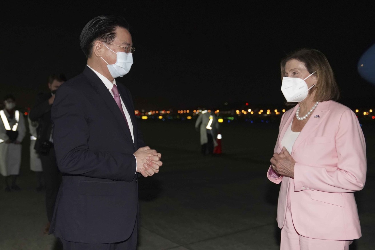 US House Speaker Nancy Pelosi is greeted by Taiwan's Foreign Minister Joseph Wu as she arrives in Taipei. Photo: Taiwan Ministry of Foreign Affairs via AP