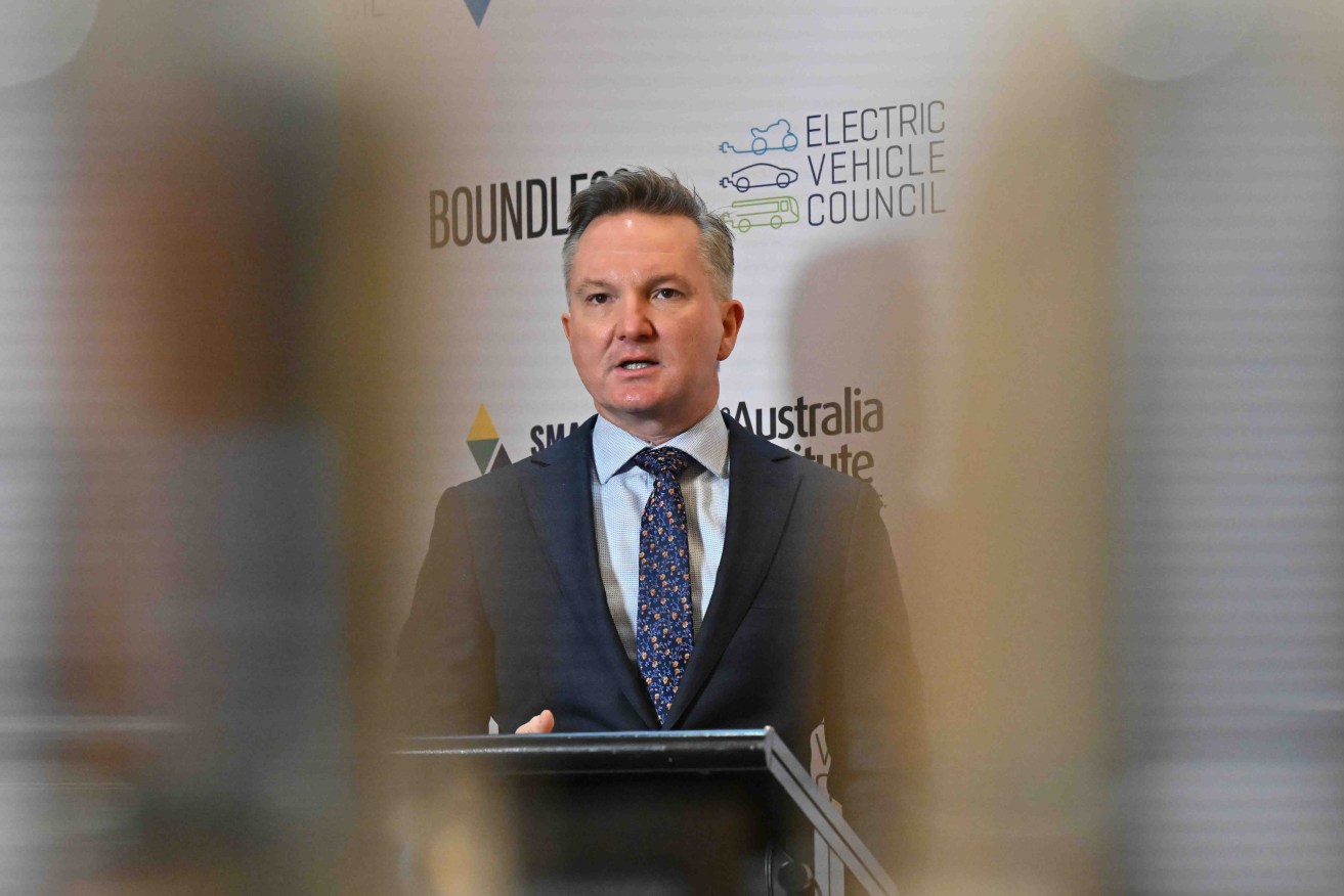 Minister for Climate Change Chris Bowen at a press conference after speaking at the National  Electric Vehicle Summit in Canberra today. Photo: AAP/Mick Tsikas