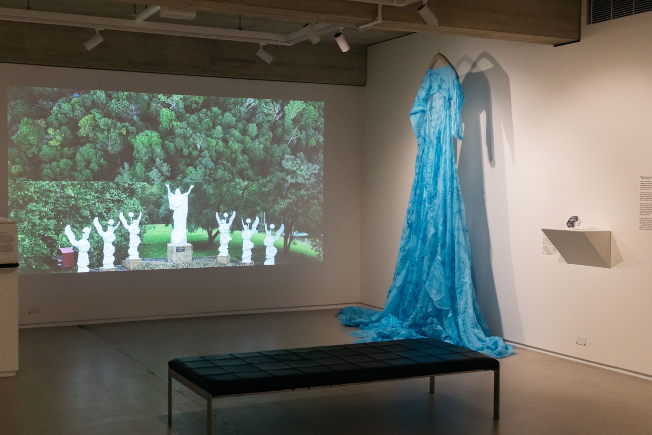 An installation view of 'The Guildhouse Collections Project: After the Fall',  showing Kate O’Boyle's video work, 'There’s Something About Mary', and her sculptural piece, 'Mother wound'. Photo: Sia Duff  