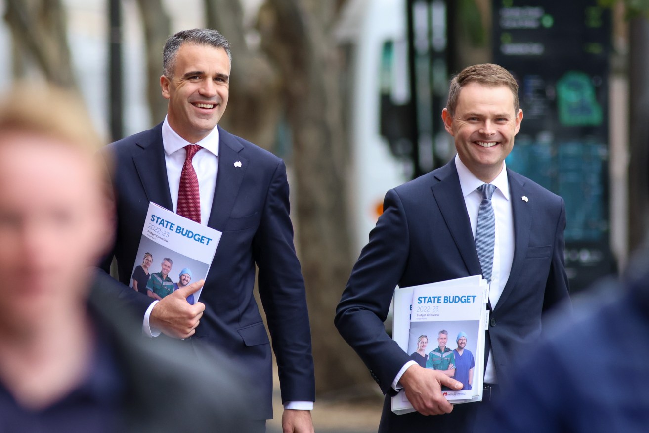 This time last year: Premier Peter Malinauskas and Treasurer Stephen Mullighan delivering the 2022-23 state budget. Photo: Tony Lewis/InDaily