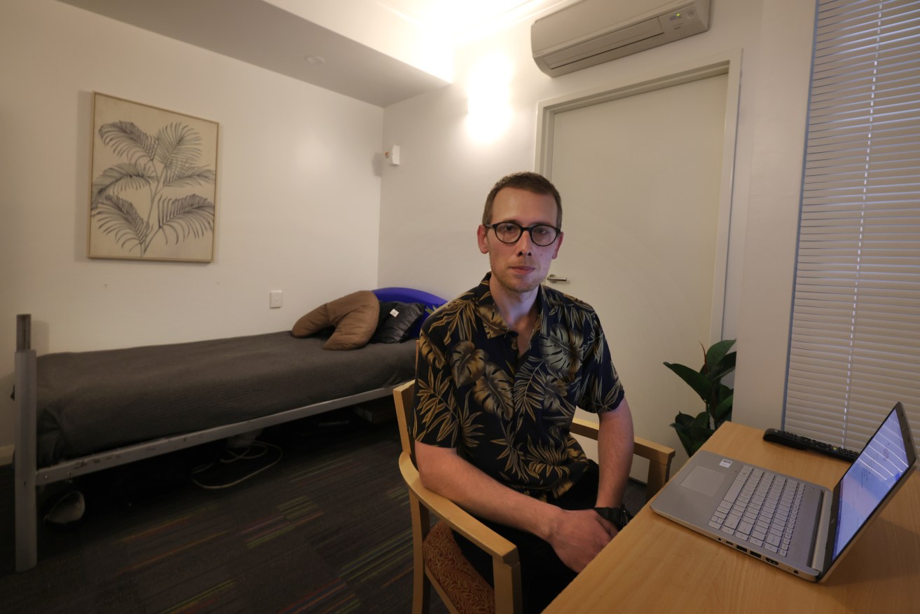 Resident Nathaniel Hall in his room at Jordan Place, a new accommodation facility for rough sleepers. Photo: Tony Lewis/InDaily
