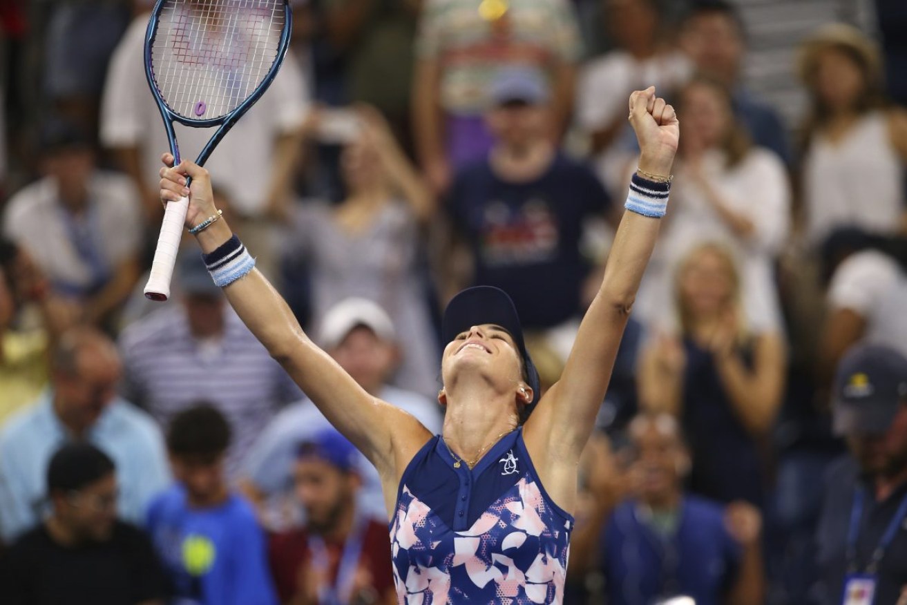 Ajla Tomljanovic celebrates her win over Liudmila Samsonova during the fourth round of the US Open. Photo: AP/Andres Kudacki