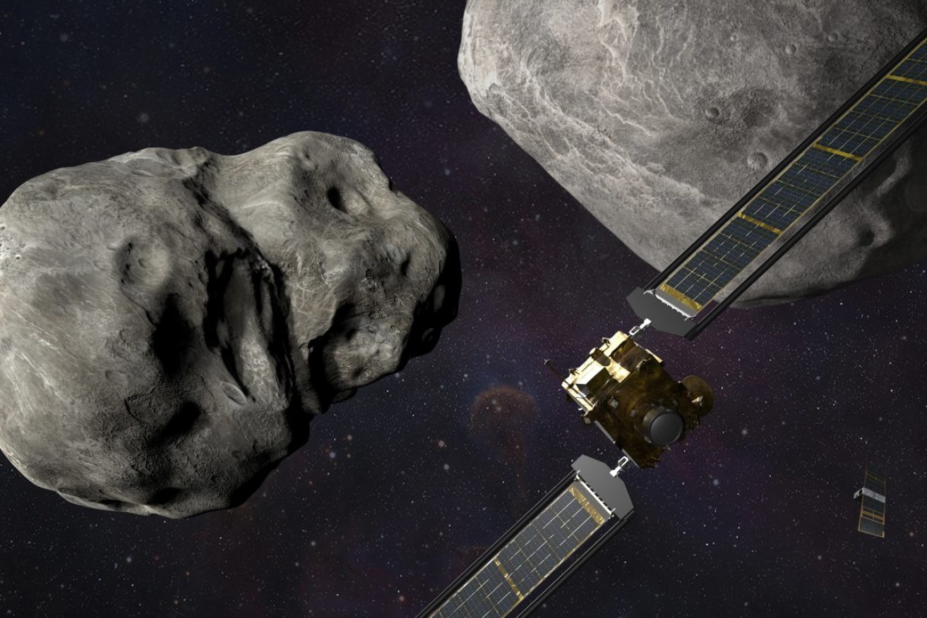 An illustration of NASA's DART probe before impact with the asteroid Dimorphos. Image: Steve Gribben/Johns Hopkins APL/NASA via AP