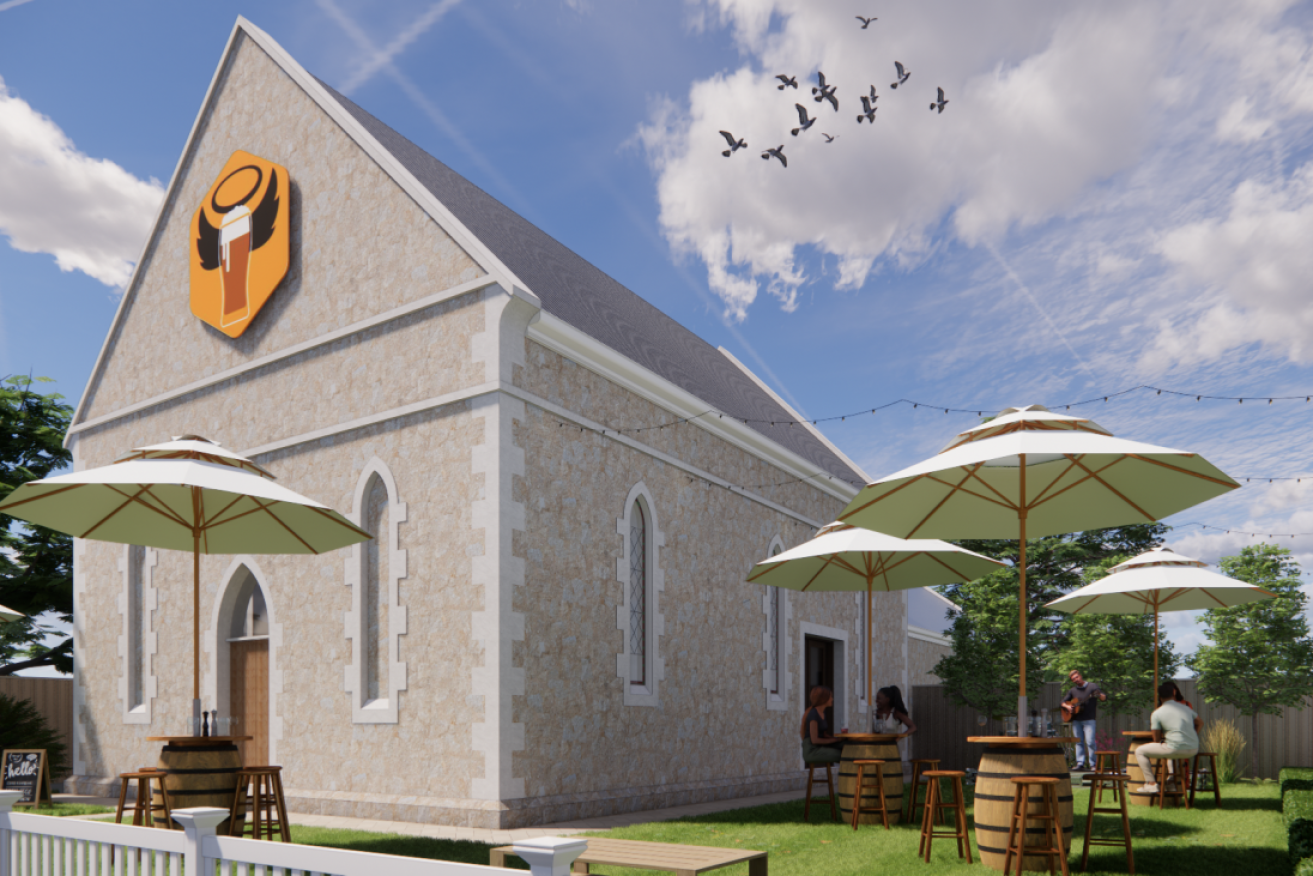 A supplied image of the Laura Baptist Church after conversion into the "Little Blessings Brewery" brewpub.