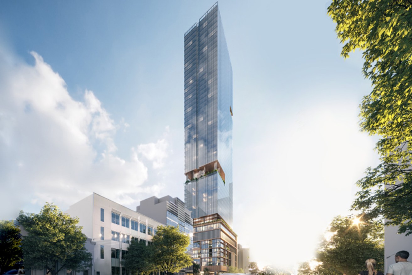 A render of the 180 metre tall building proposed for 2017-209 Pulteney Street. Image: Future Urban