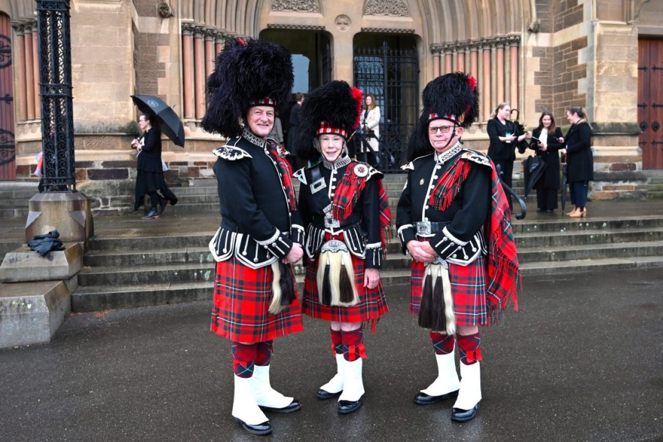 New Caledonian Pipes and Drums members Robert Howie (left), Margo Herde and Bob Moffatt. Pic: Belinda Willis/InDaily