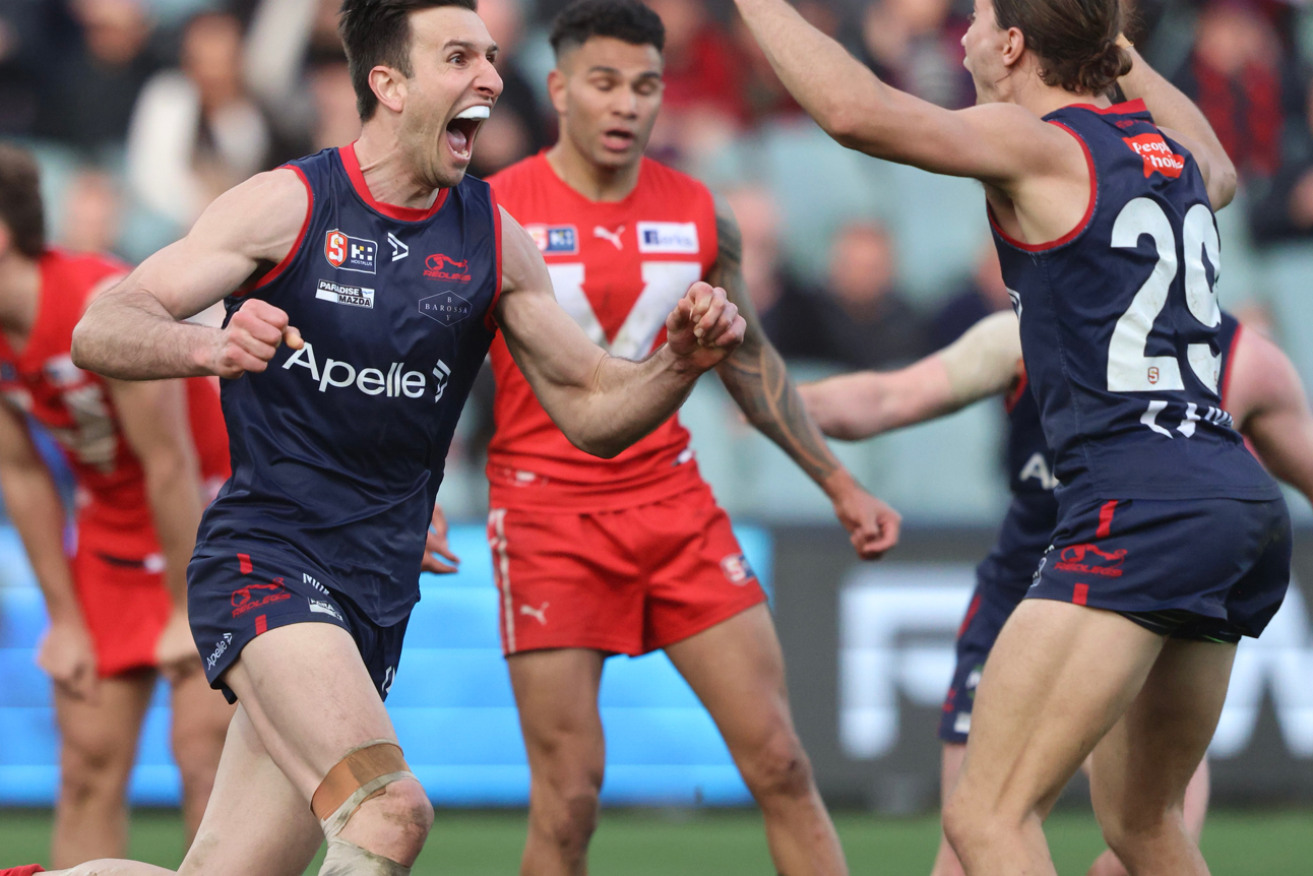 Norwood's Matt Panos celebrates after kicking the winning goal in the grand final. Photo: SANFL.