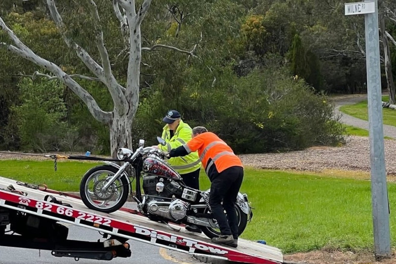 A motorcyclist involved in a crash at Redwood Park this morning has died while his passenger has sustained serious injuries. Picture: Ten News First.