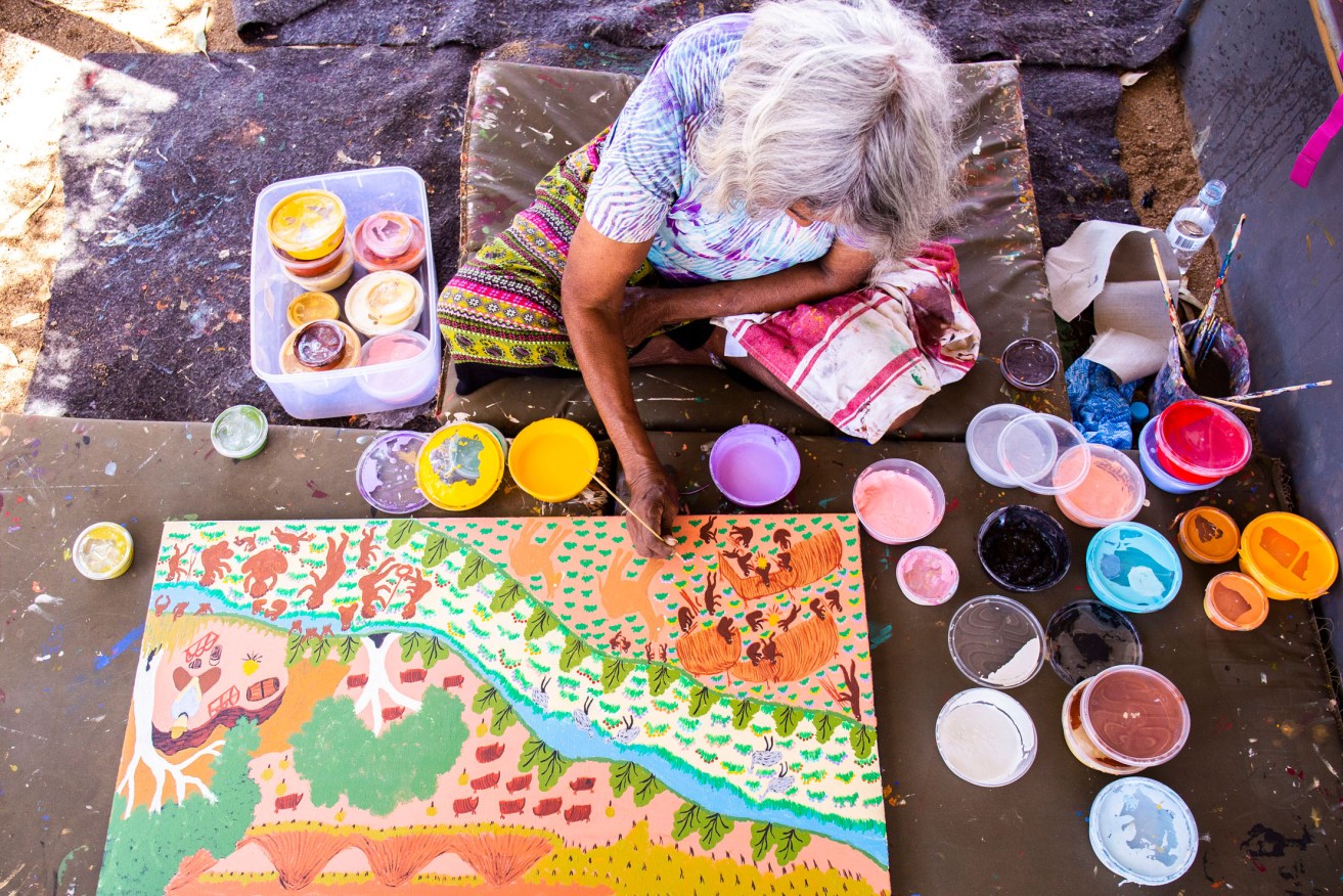 Norah Abbott in Mparntwe/Alice Springs – First Nations artists from more than 50 art centres across the country will have work for sale in the Tarnanthi Art Fair. Photo courtesy Tangentyere Artists