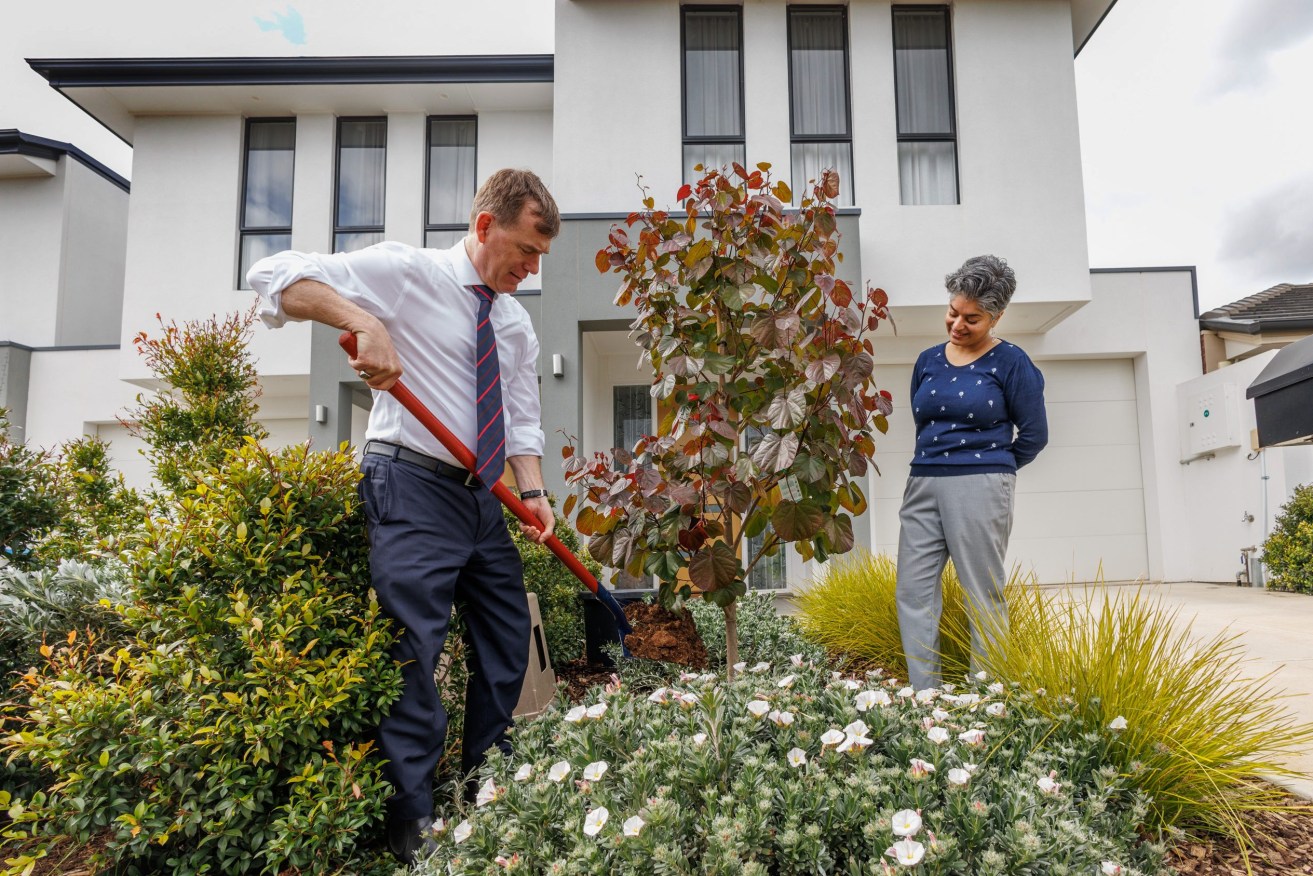 Planning and Urban Development Minister Nick Champion (left) planting a tree at homeowner Megha's house this morning. Photo: Tony Lewis/InDaily