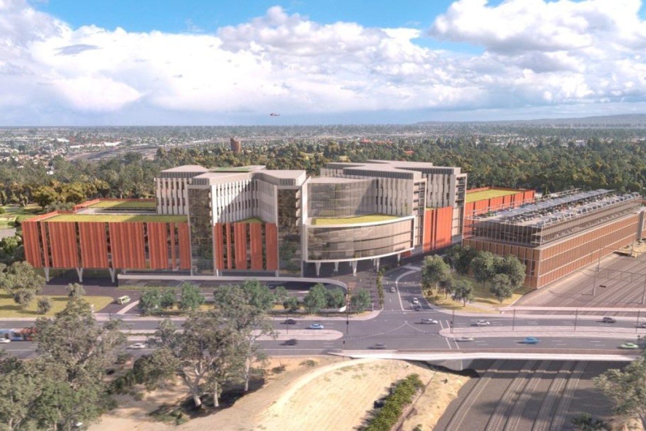 Render of the proposed new Women's and Children's Hospital, on the site of the current Thebarton Police Barracks adjacent to Bonython Park. Image supplied by State Govt.