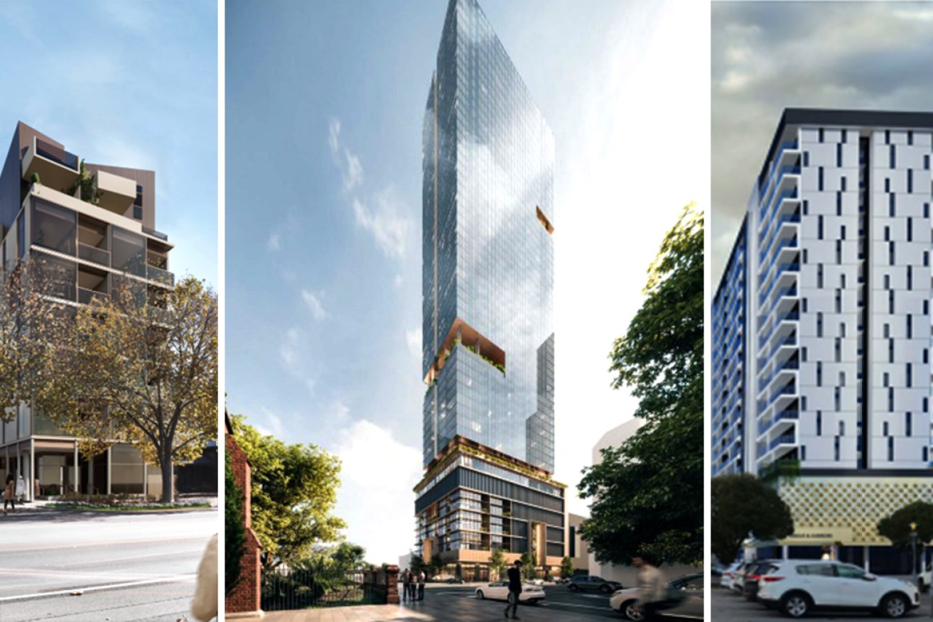 Three developments were approved by the SCAP on Wednesday: The YWCA's 8-level apartment block for Hutt St (left), the SA1 Tower development on Pulteney St (centre), and Angus & Gunson Pty Ltd's 18-level retirement living block on Angas St. Left Image: YWCA/Tridente Boyce/Future Urban, centre image: Future Urban/JPE Design Studio/Cox Architecture, right image: Cheesman Architects