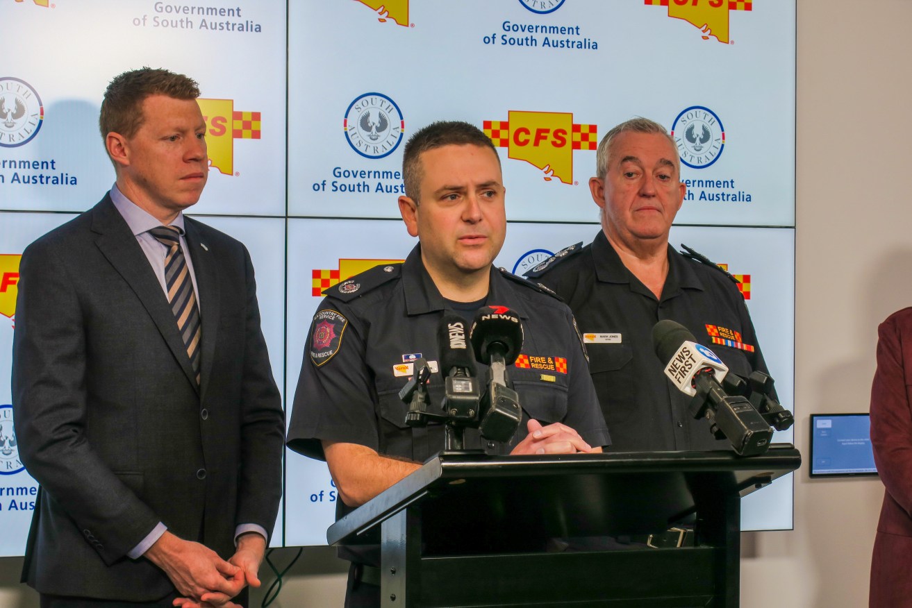 Incomng CFS Chief Officer Brett Loughlin, with Emergency Services Jos Szakacs (left) and outgoing Chief Officer Mark Jones.