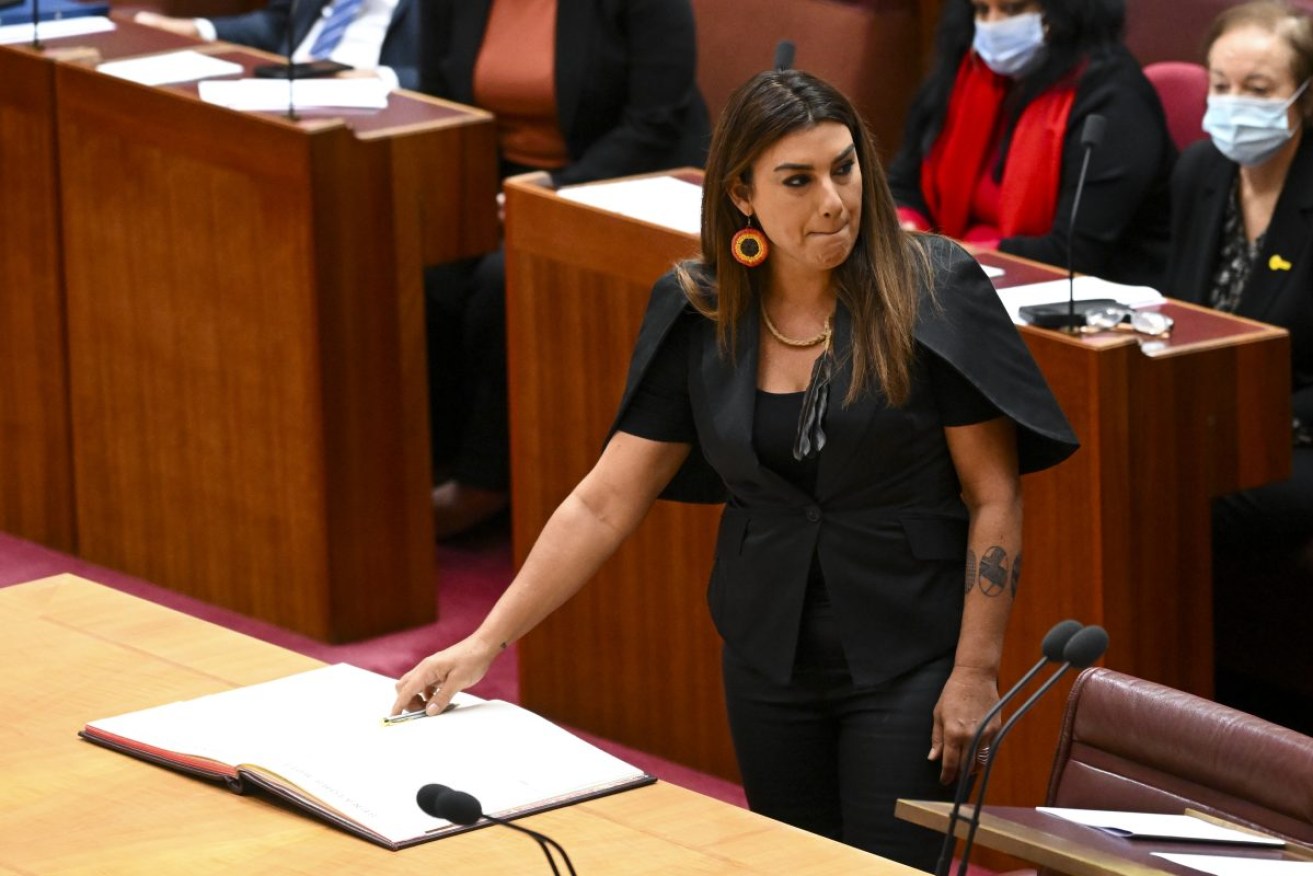 Greens senator Lidia Thorpe during her swearing-in ceremony in August. Photo: AAP/Lukas Coch