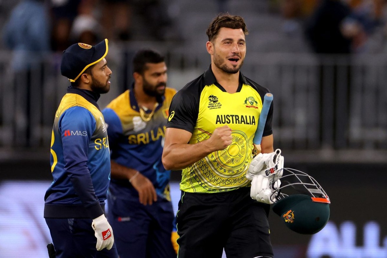 Marcus Stoinis celebrates after Australia's win against Sri Lanka. Photo: AAP/Richard Wainwright.