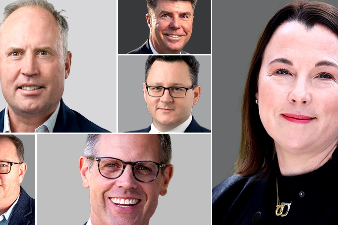 Greg Stirling (top left), Andrew Lamb (bottom left), Andrew Kuhlmann (bottom centre), David Scotland (centre), Brenton Milewski (top centre) and Kylie Neal have all been appointed to new positions. Image: Tom Aldahn/InDaily