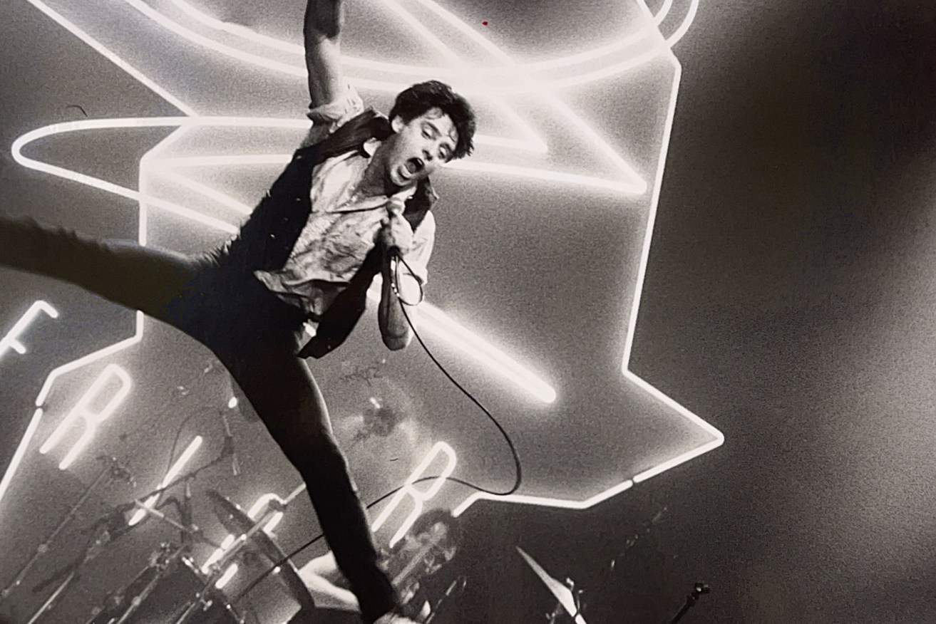 Doc Neeson in full flight during an Angels gig at the Sydney Sports and Entertainment Centre in 1985. Photo: supplied