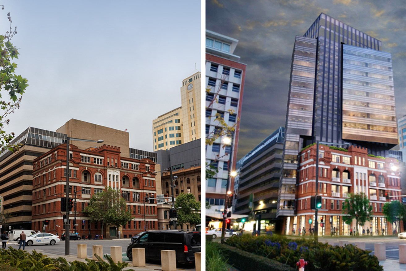 SCAP has rejected a time extension appeal for a 15-storey office tower behind Gawler Chambers, first approved in 2012. Left photo: Tony Lewis/InDaily. Right image: Matthews Architects/ADC