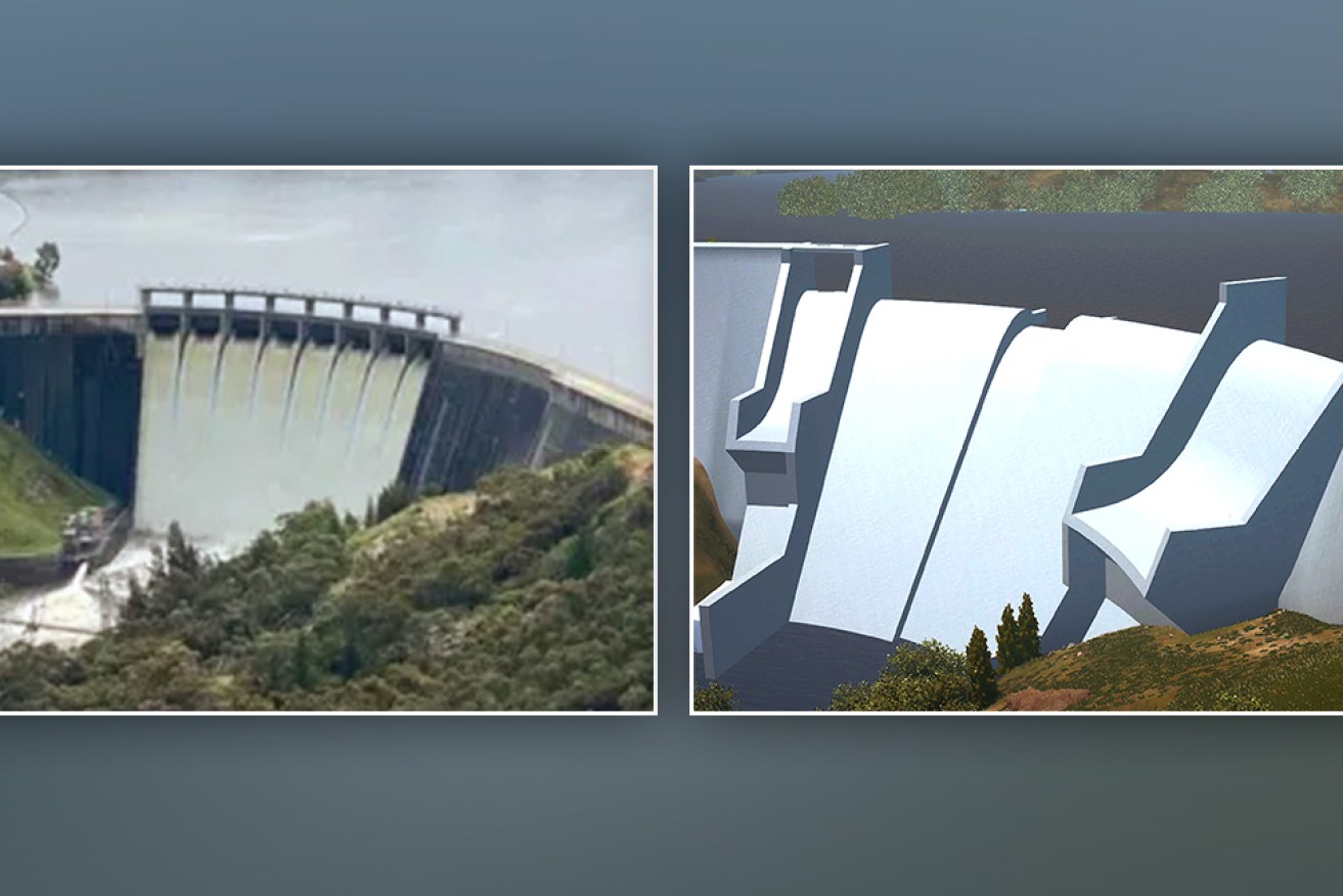 The current Mount Bold Reservoir (left) and SA Water's new concept designs (right). Images: supplied/SA Water. 