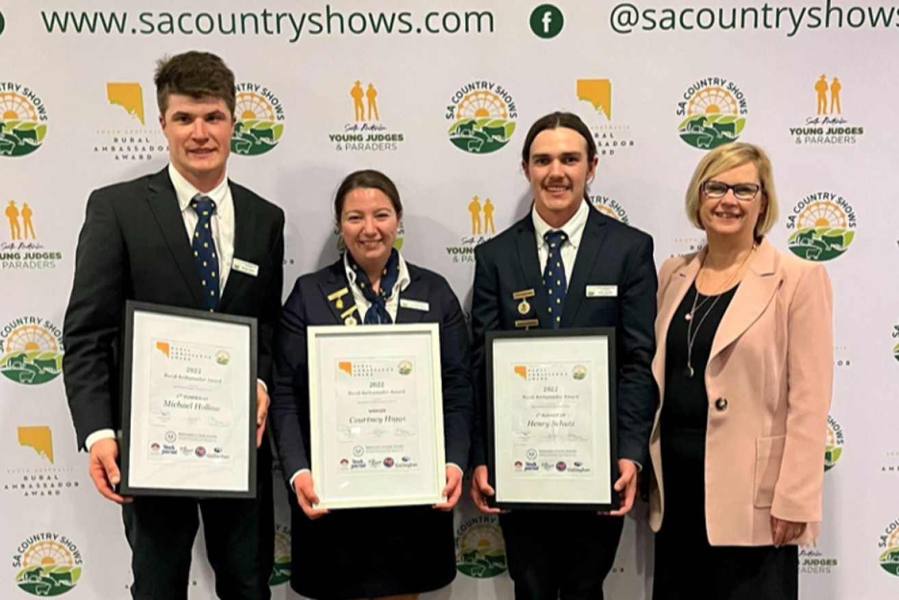 L-R, 2nd runner-up, Michael Hollow, Winner Courtney Higgs, 1st runner-up Henry Schutz and Minister for Primary Industries and Regional Development, Claire Scriven. Photo: supplied. 