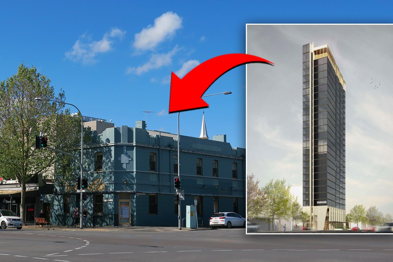 The former Orient Hotel/Backpack Oz hostel on the Pulteney/Wakefield Street corner is set to be replaced by a 26-storey hotel. Photo: Jason Katsaras/InDaily. Inset image: PACT Architects