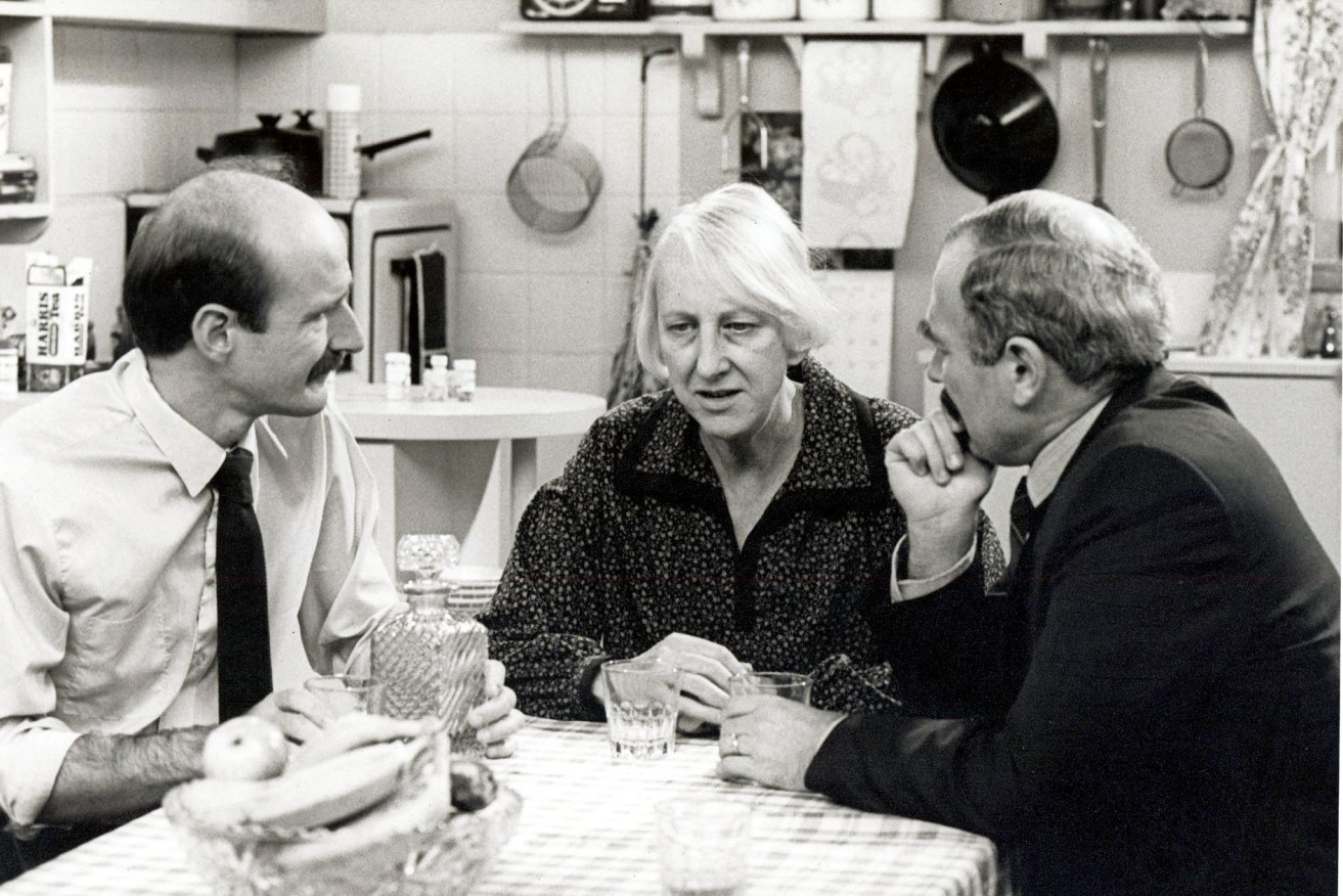 A scene from 'Mother and Son' starring Ruth Cracknell (centre), Garry MacDonald (left) and Henry Szeps. Photo: AAP/Courtesy of Australian Broadcasting Corporation