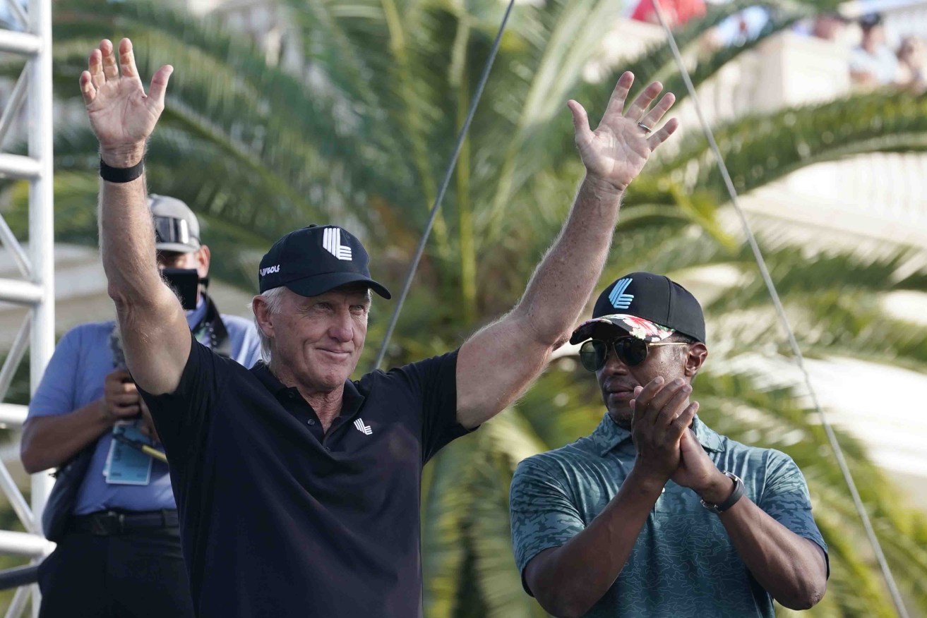 Majed Al-Sorour, CEO of Golf Saudi (right) with LIV Golf CEO Greg Norman. Photo: AP/Lynne Sladky