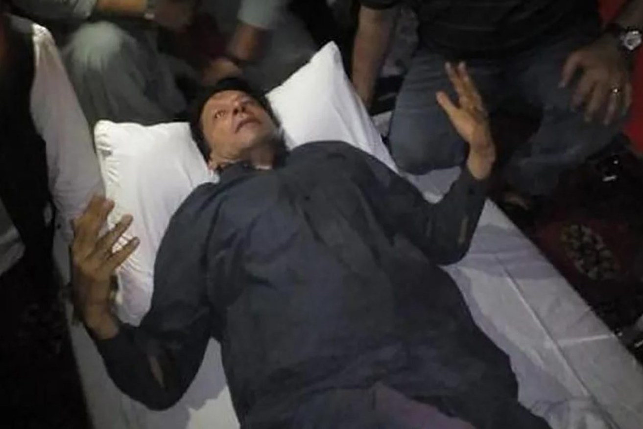 Former Pakistani Prime Minister Imran Khan after the incident in Wazirabad. Photo: AP/Pakistan Tehreek-e-Insaf