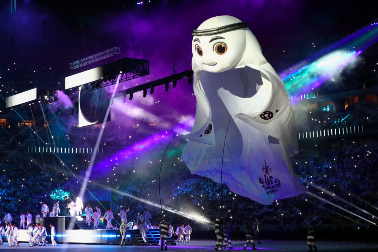 La'eeb, the official mascot of the 2022 FIFA World Cup, is pictured during the opening ceremony at Al Bayt Stadium. Photo: Sergei Bobylev/TASS/Sipa USA