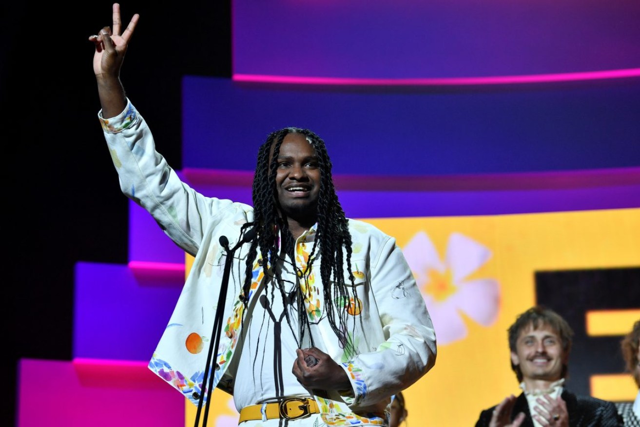 Baker Boy accepts the ARIA for Best Solo Artist during the the 2022 ARIA Awards in Sydney. Photo:  AAP Image/Bianca De Marchi