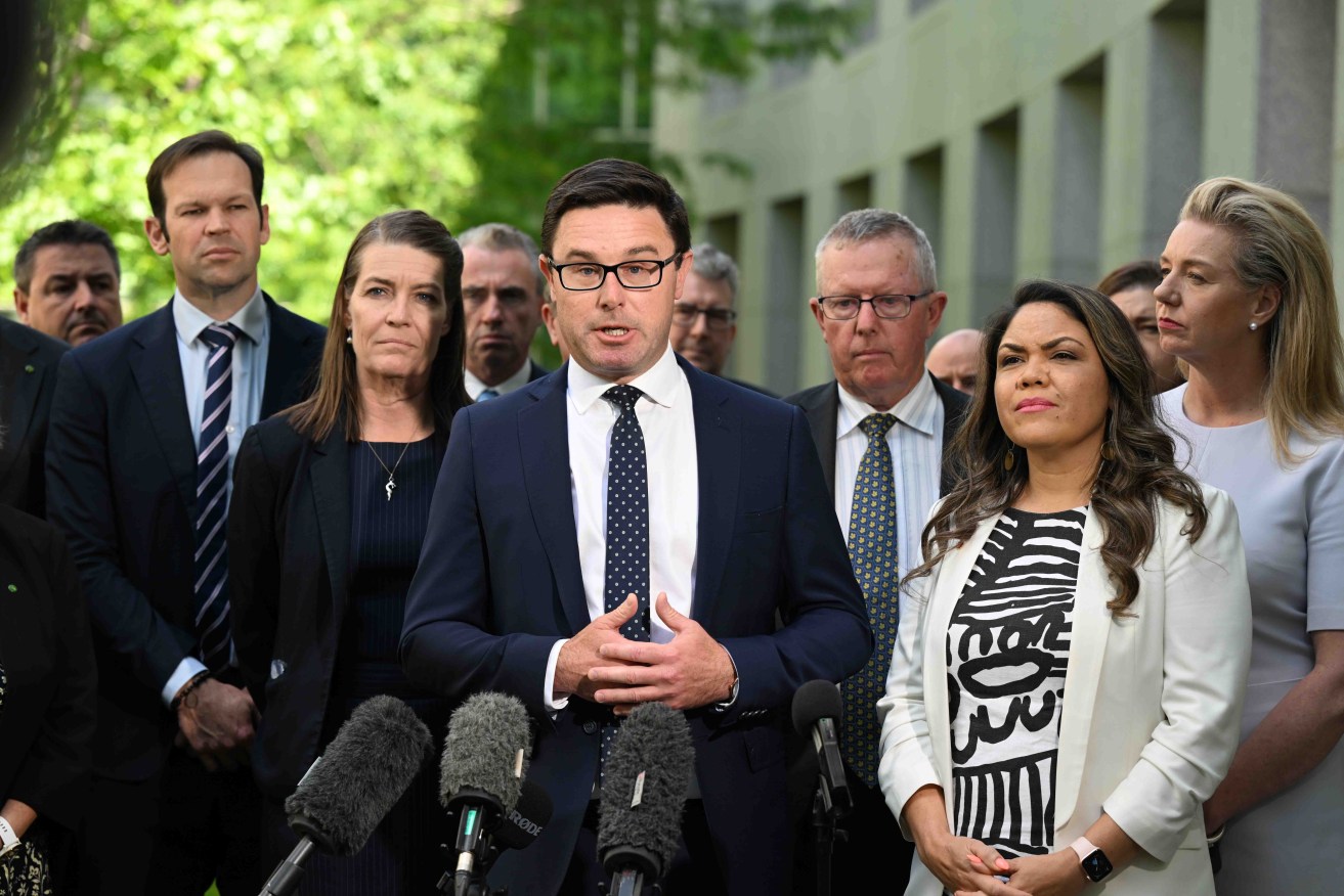 Nationals leader David Littleproud with Nationals members and senators at Parliament House today. Photo: AAP/Mick Tsikas