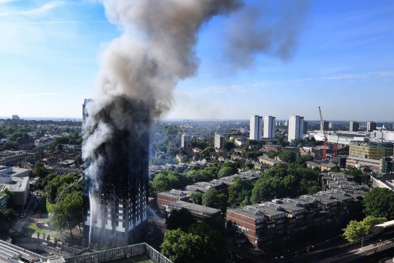 London's Grenfell Tower fire in 2017 killed 74 people, with SA buildings later identified covered with flammable cladding. Photo: Andy Rain / EPA