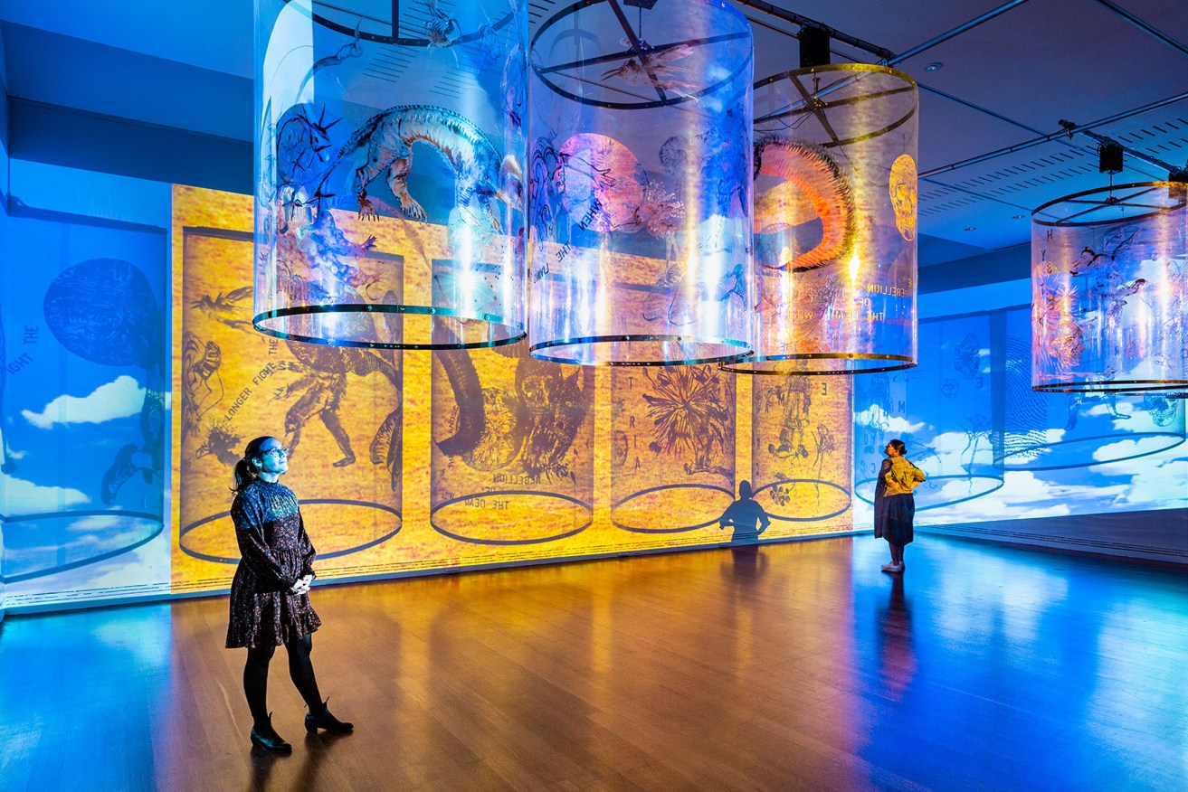An installation view of 'Nalini Malani: Gamepieces', featuring 'Gamepieces' by Nalini Malani, Art Gallery of SA. Photo: Saul Steed