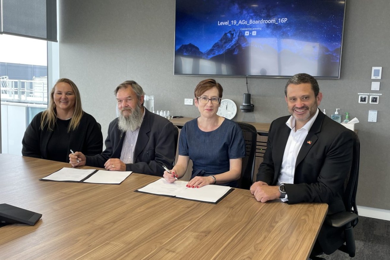 SAACCON lead convenor Scott Wilson and state government representatives, including Aboriginal Affairs Minister Kyam Maher, signing the Partnership Agreement on Closing the Gap. Photo: Supplied