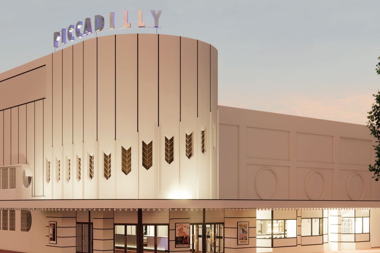 An artist's impression of the renovated Piccadilly Cinema, with a replica of the original sign on top of the building.