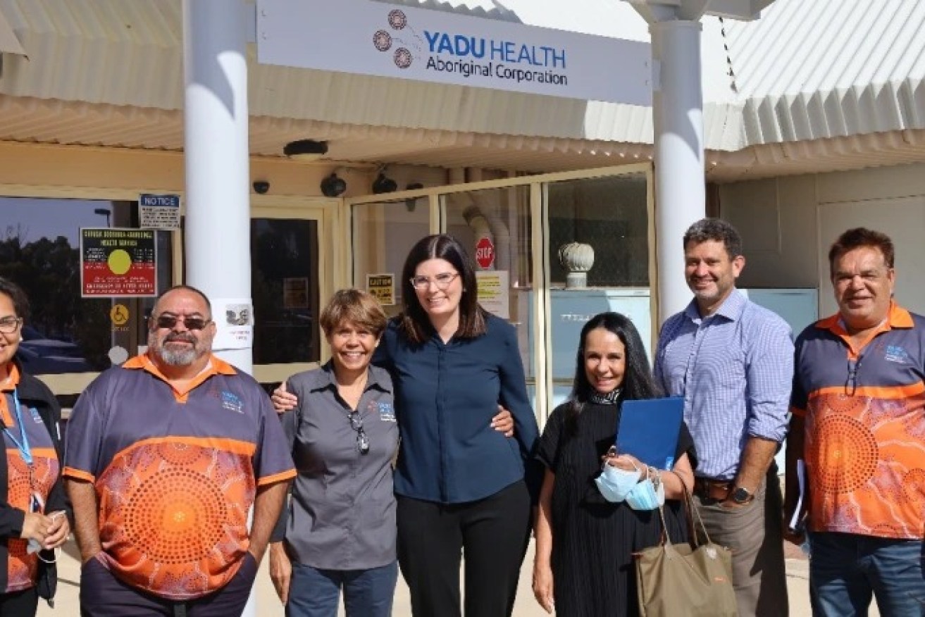 Yadu Health staff with SA Senator Marielle Smith, Aboriginal Affairs Minister Kyam Maher and Indigenous Australians Minister Linda Burney outside the Ceduna clinic. Photo: Supplied   